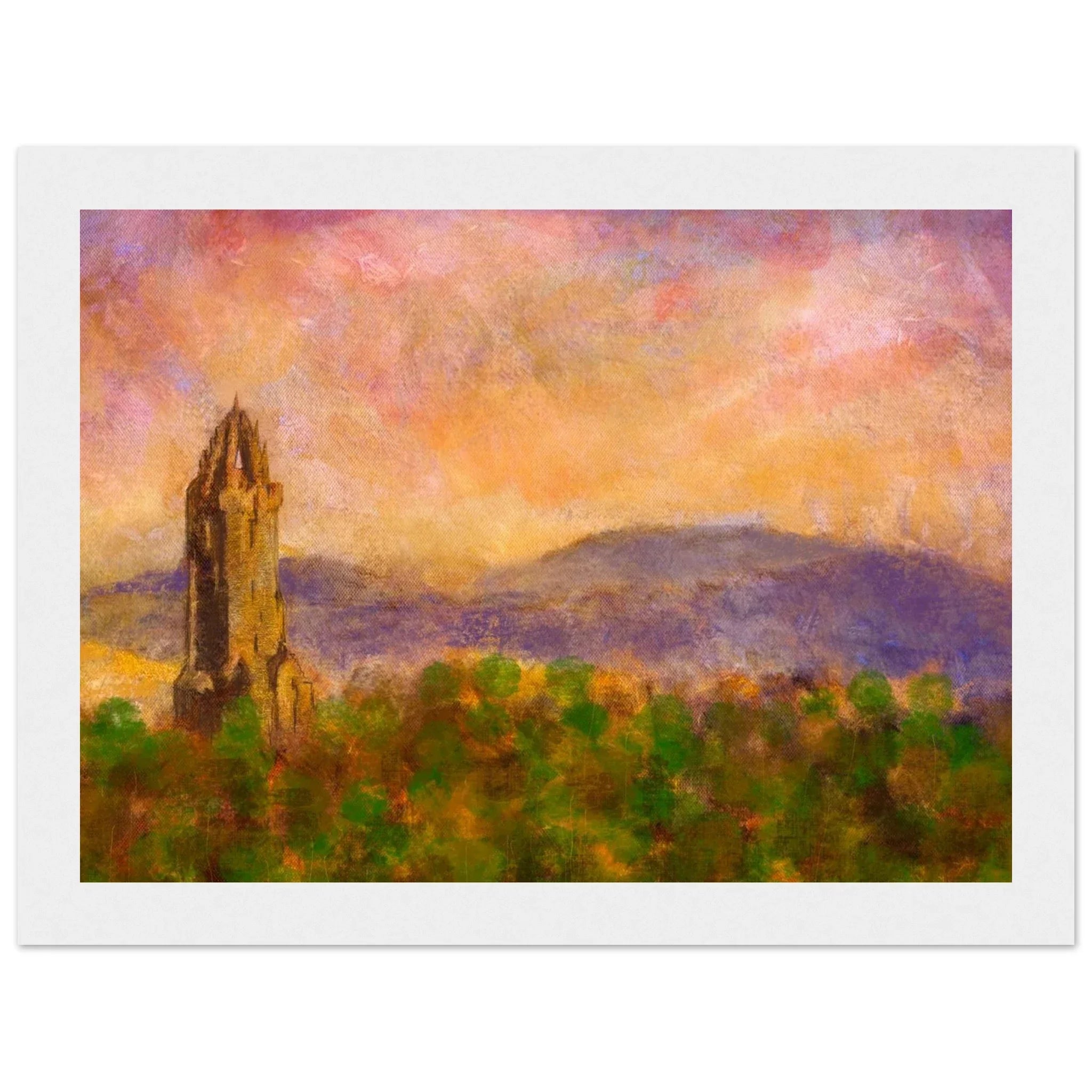 Wallace Monument Dusk painted landscape print, Scotland tower at sunset