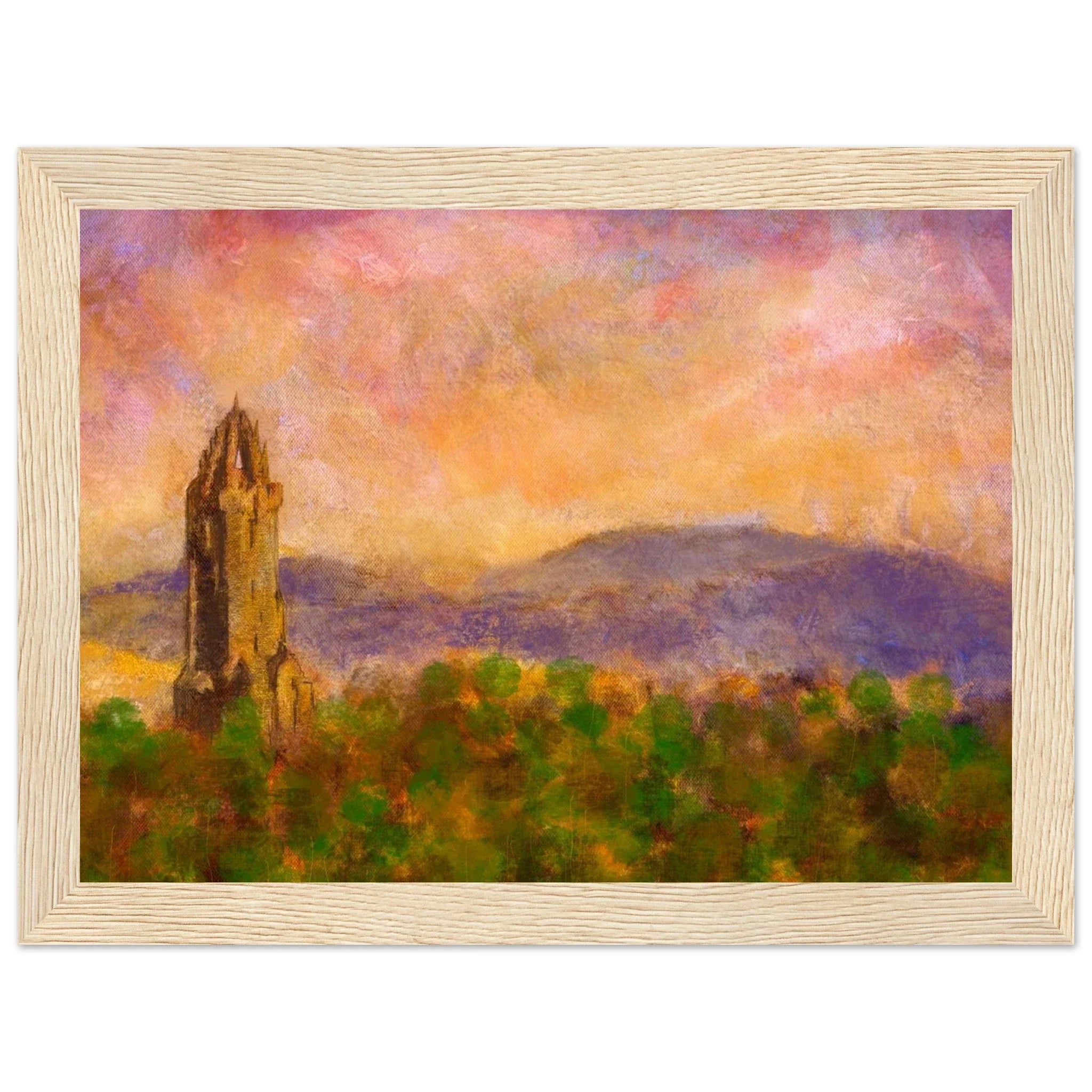 Framed Wallace Monument dusk painting with pink orange sky and green trees