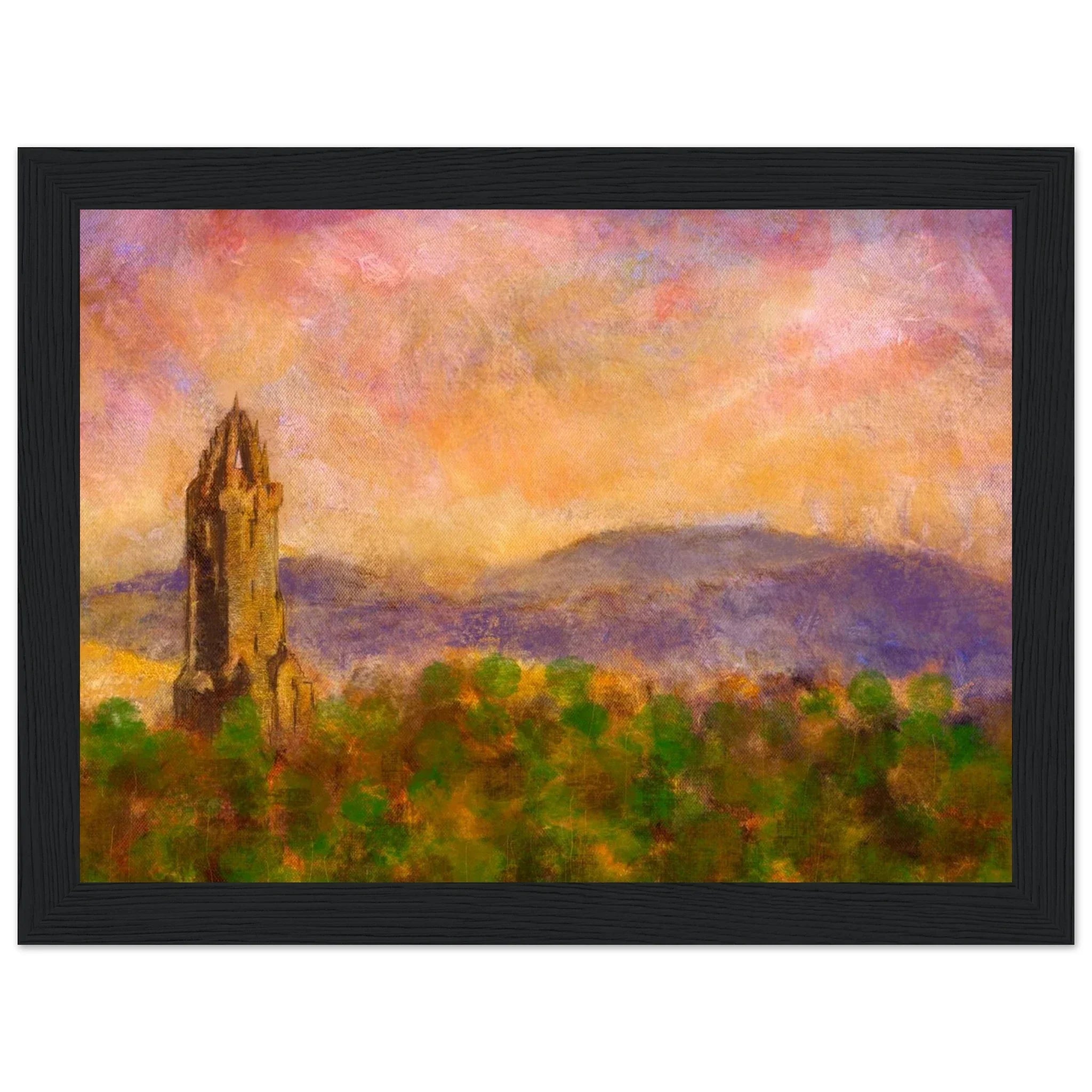Black-framed Wallace Monument painting at dusk, autumn trees, pink orange sky