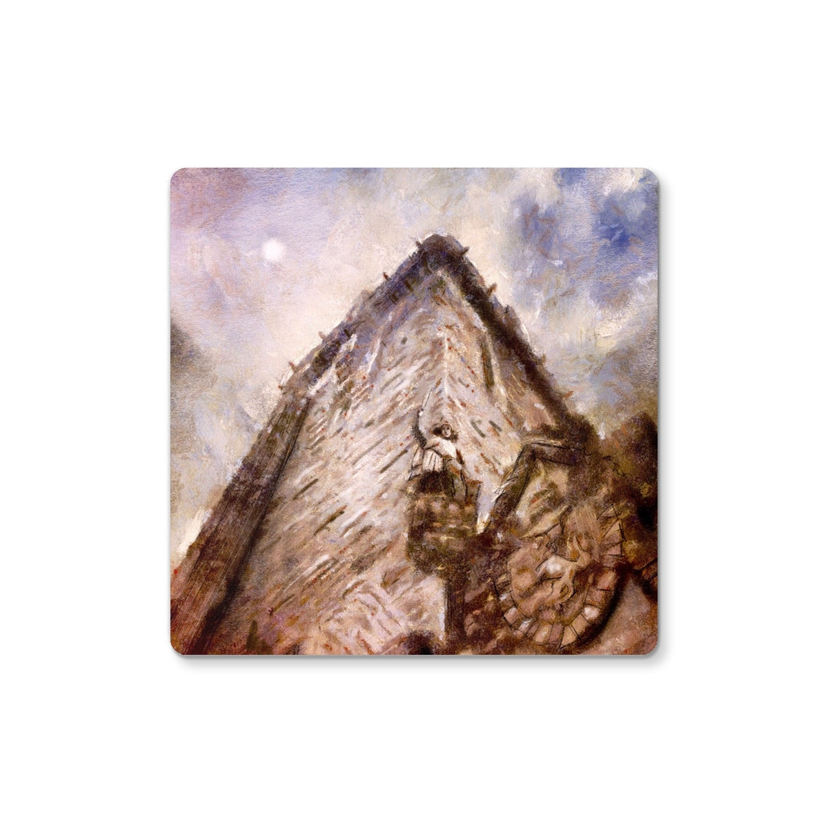 Abstract painting of a pyramid-like structure under a cloudy sky on Wallace Monument Moonlight Coaster