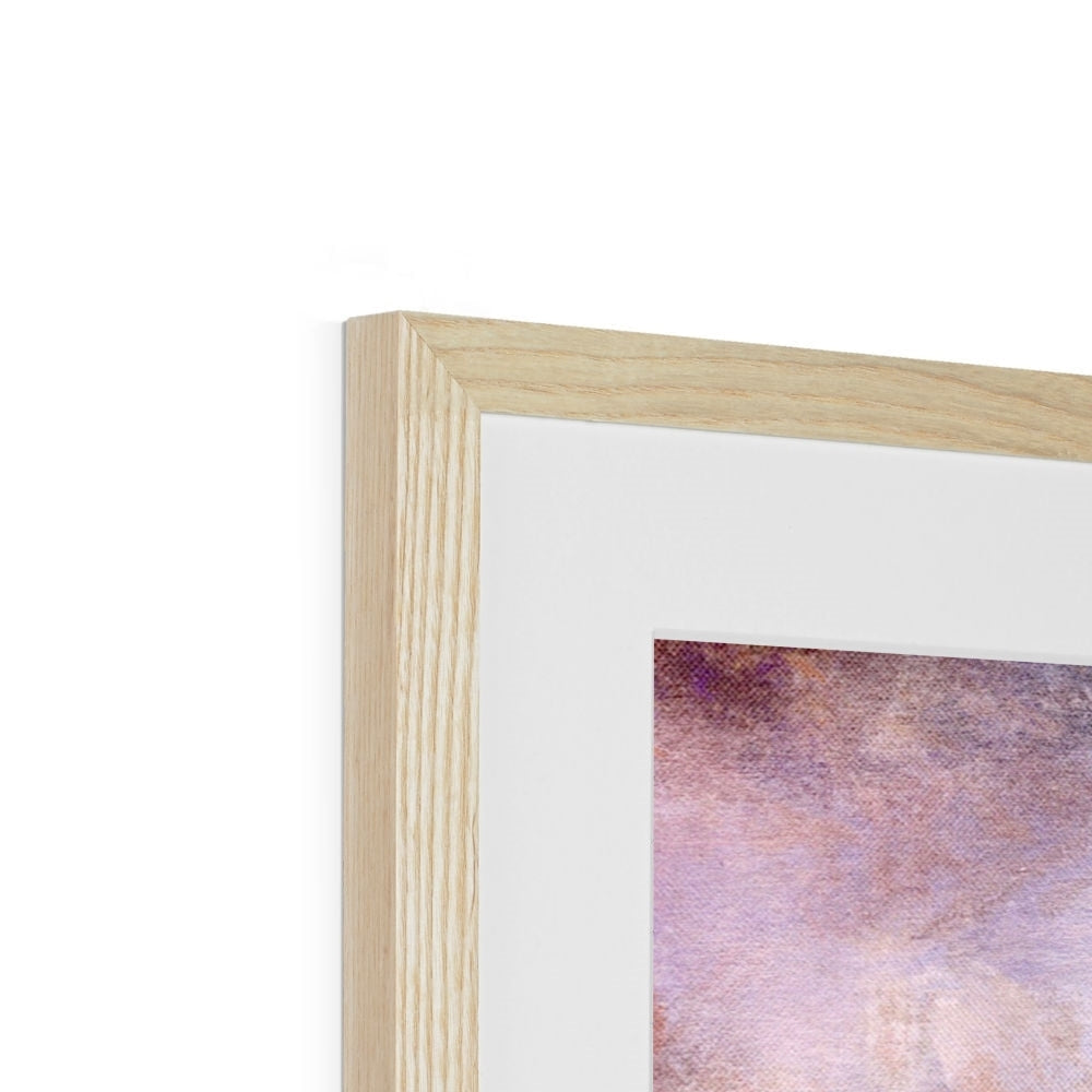 Light-wood framed wall art with white mat showcasing an abstract purple and pink painting