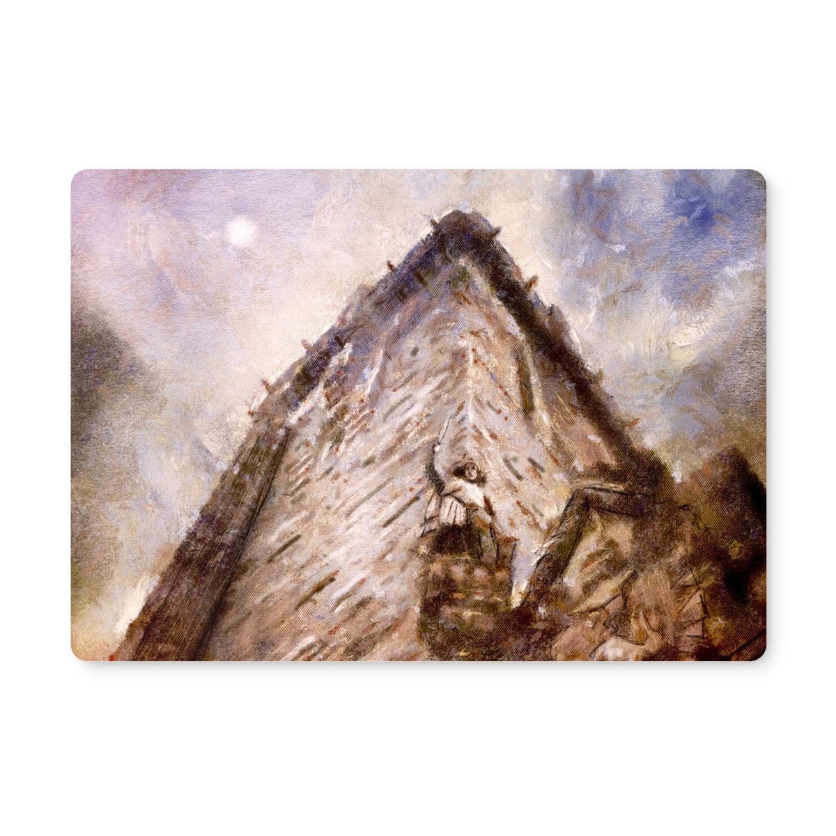 Abstract expressionist painting of a triangular monument under a cloudy sky on Wallace Monument Moonlight Placemat