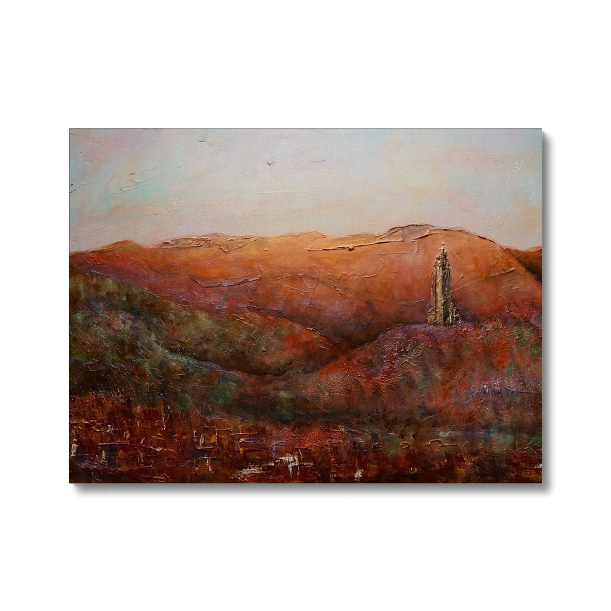 Textured oil painting of a hilly landscape with a prominent tower, depicting The Wallace Monument from Stirling Castle