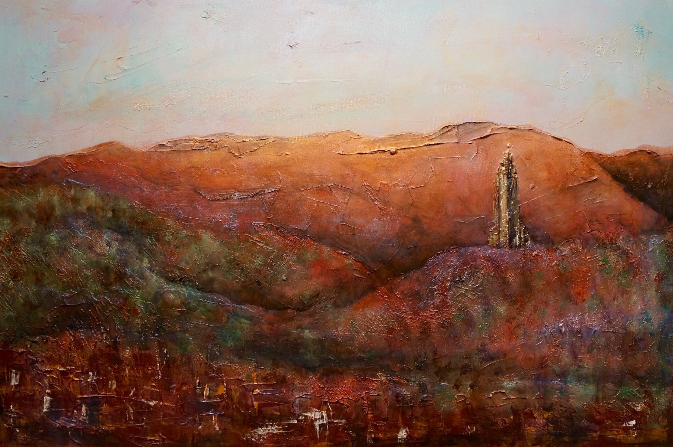 Textured Scottish landscape painting featuring a mountainous scene and the Wallace Monument