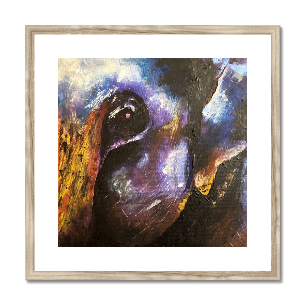 Purple and black abstract rabbit painting in wooden frame, The Watchful Elephant Art Prints