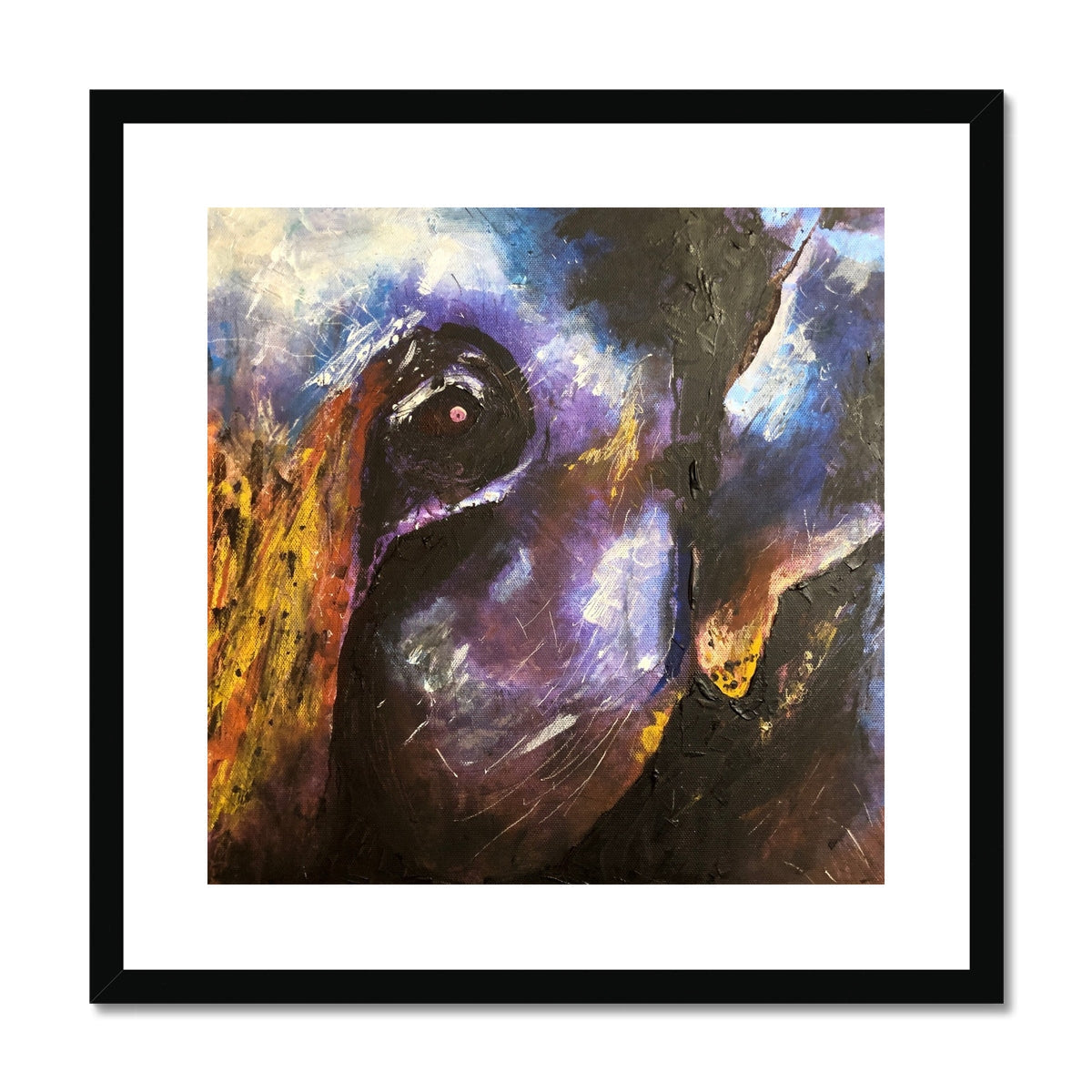Purple and black abstract cat painting in frame, The Watchful Elephant print