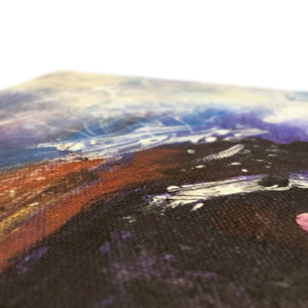 Black and red mountain landscape painting with purple clouds on The Watchful Elephant canvas print