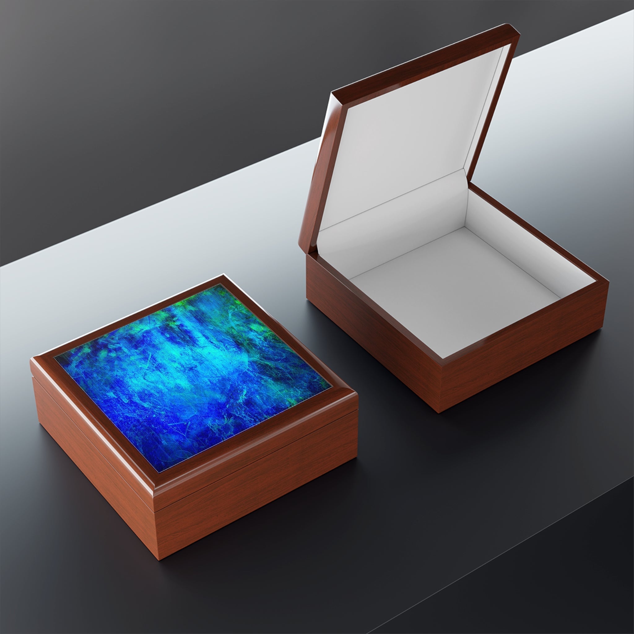 Two brown keepsake boxes from The Waterfall Art Jewellery Box Scotland, one open and one closed