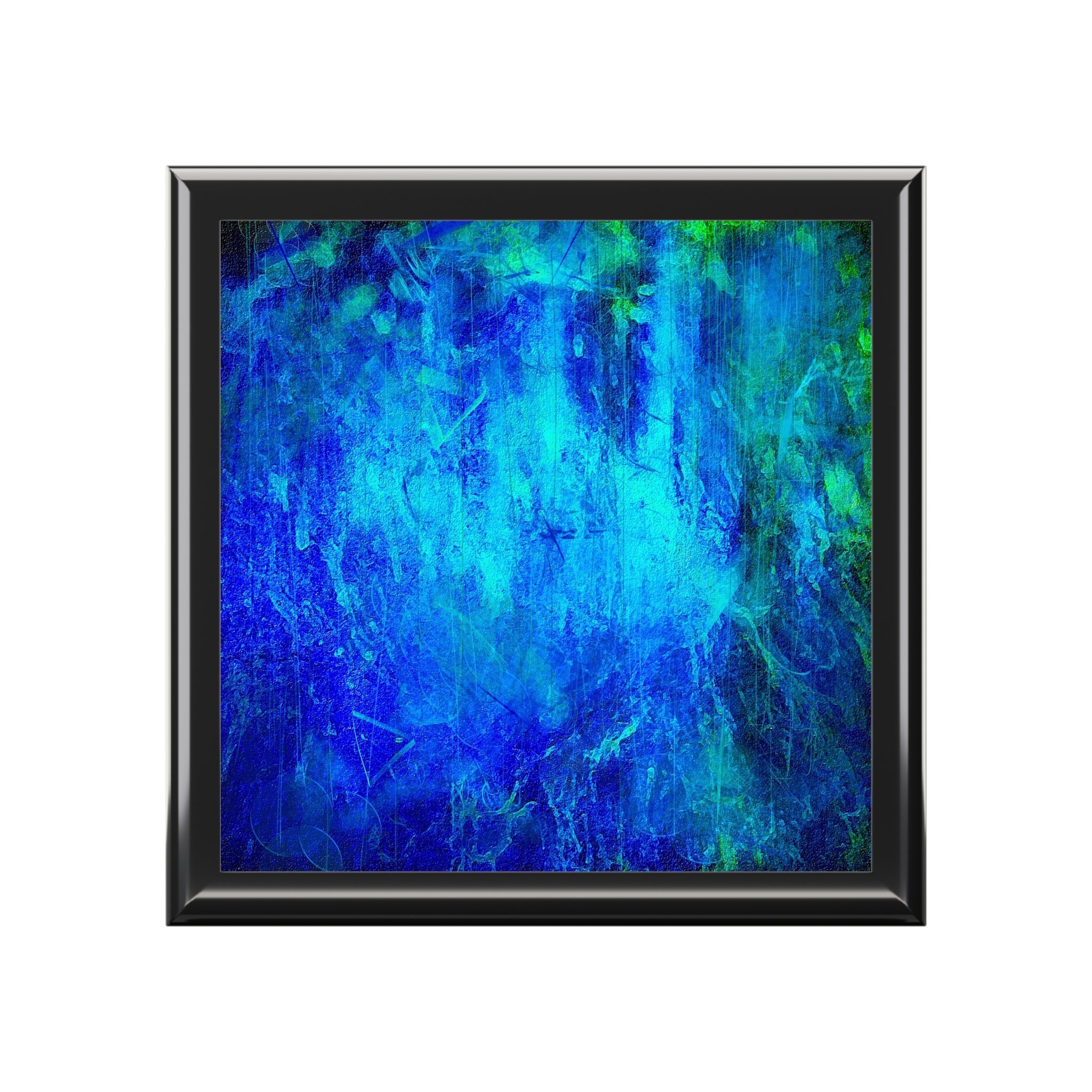 Abstract blue and green painting in a black frame for The Waterfall Art Jewellery Box Scotland