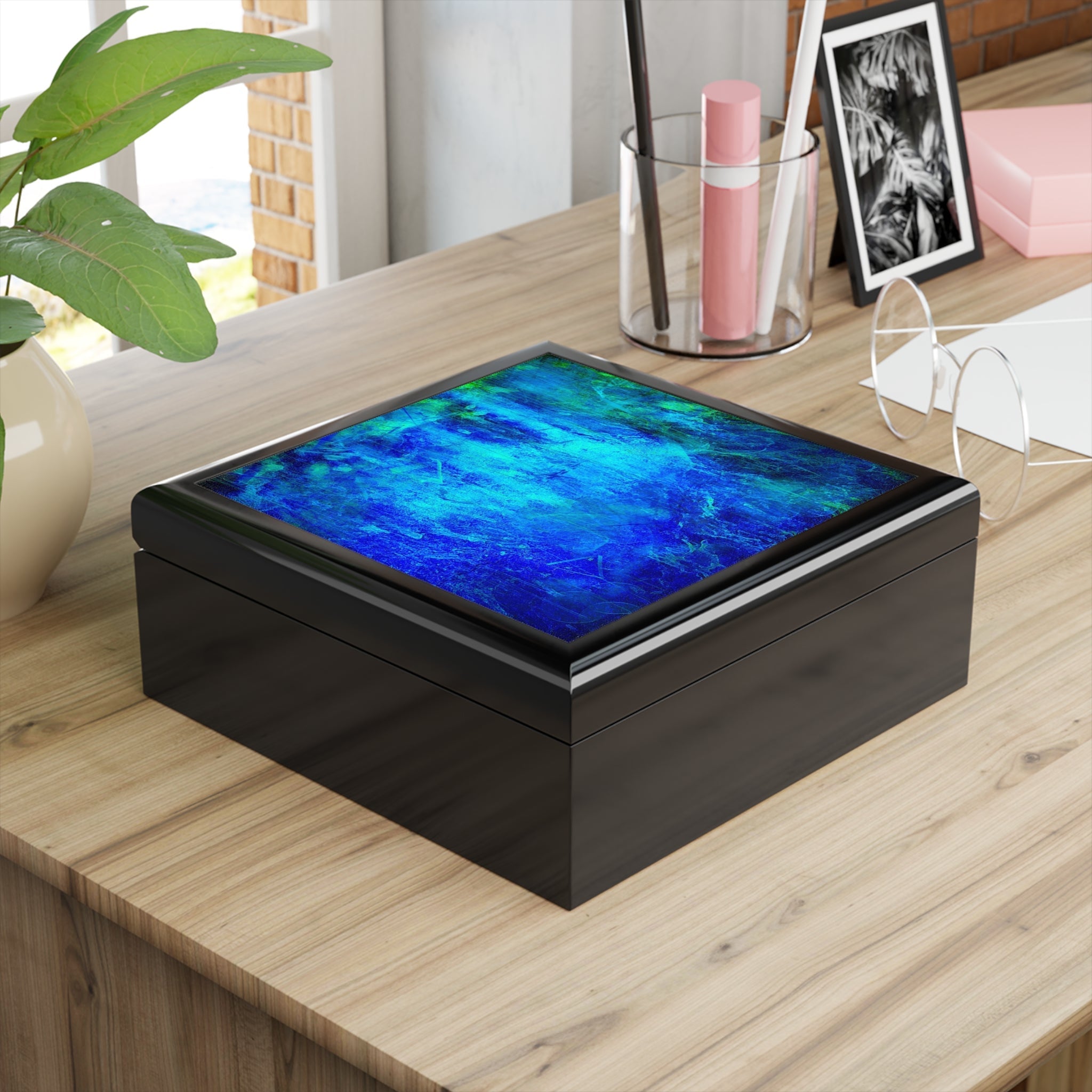 Black wooden keepsake box with vibrant blue and green abstract design on lid Scotland
