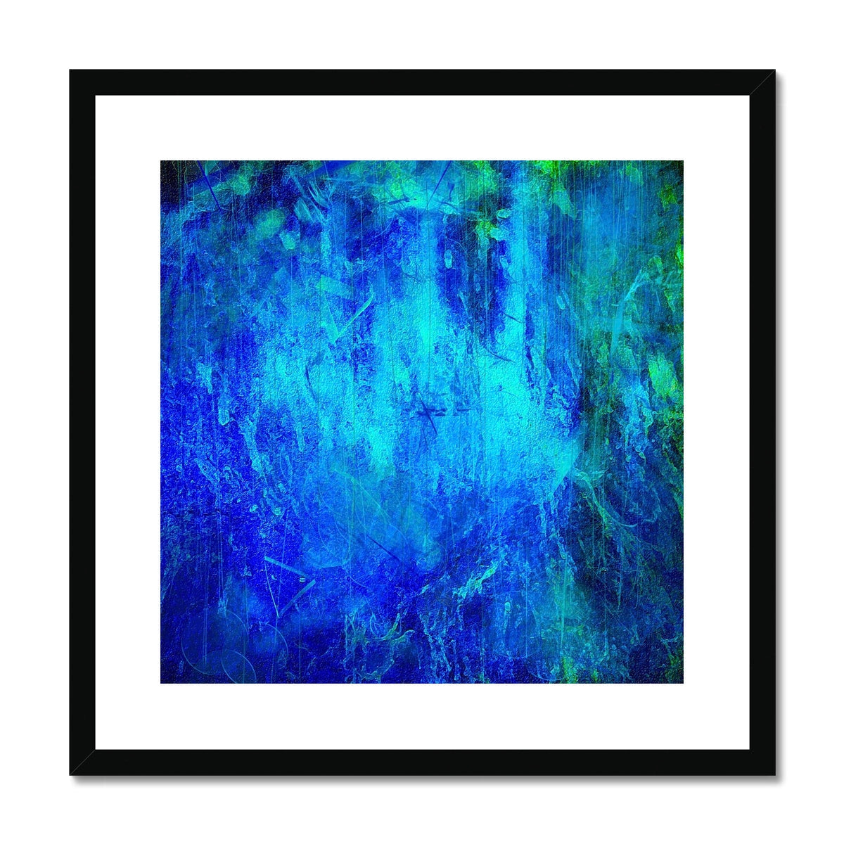 Blue and green abstract The Waterfall art print in black frame with white mat