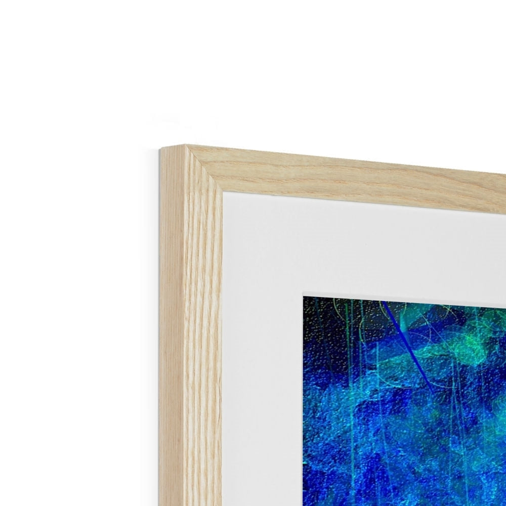 Light wood frame with blue abstract waterfall painting