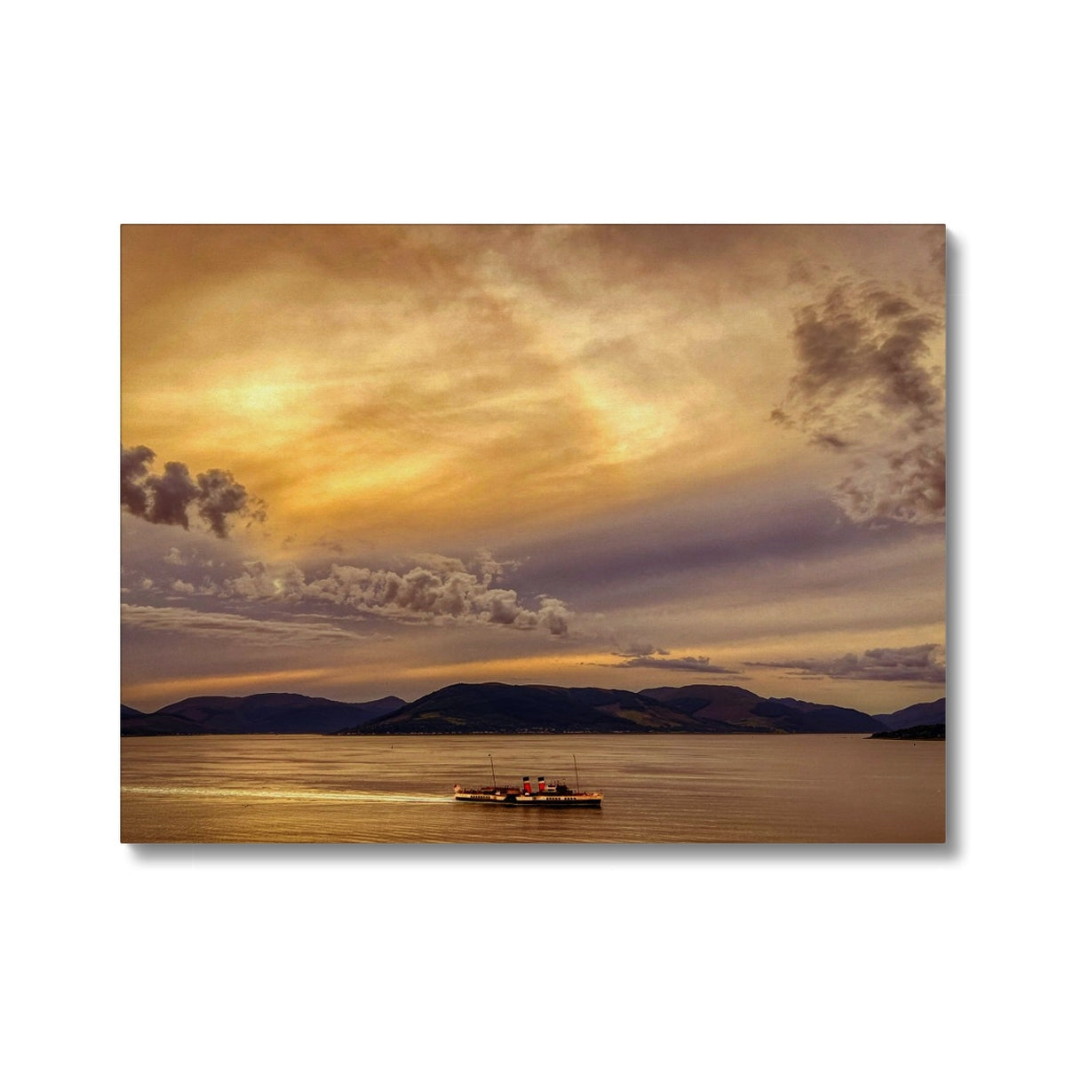 Golden sunset over Clyde with boat silhouette on tranquil water, Waverley II
