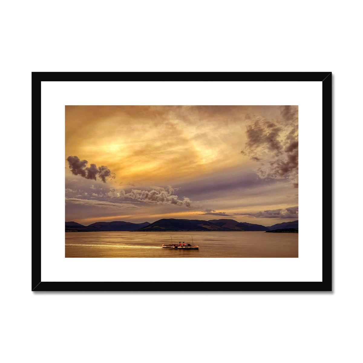 Black-framed sunset landscape print of Waverley boat on Clyde water