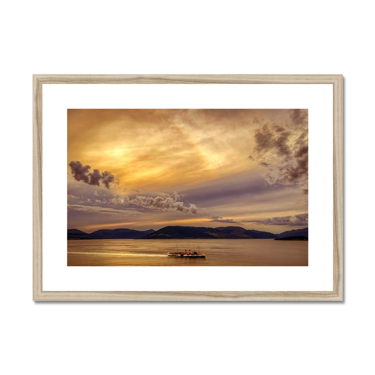 Gold-framed canvas print of sunset over Clyde water with mountains, The Waverley ii