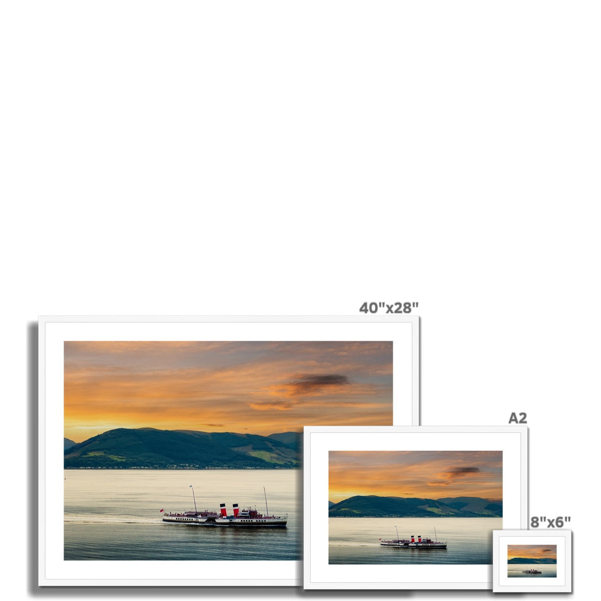 40x28 inch framed canvas print of The Waverley steamship at sunset on the Clyde