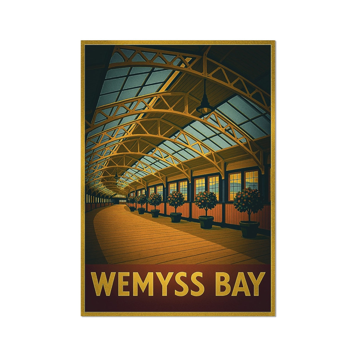 Brown wooden walkway with arched roof and potted plants, Wemyss Bay print