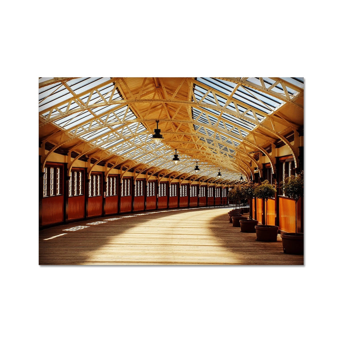 Wooden walkway with glass roof and potted plants at Wemyss Bay Station