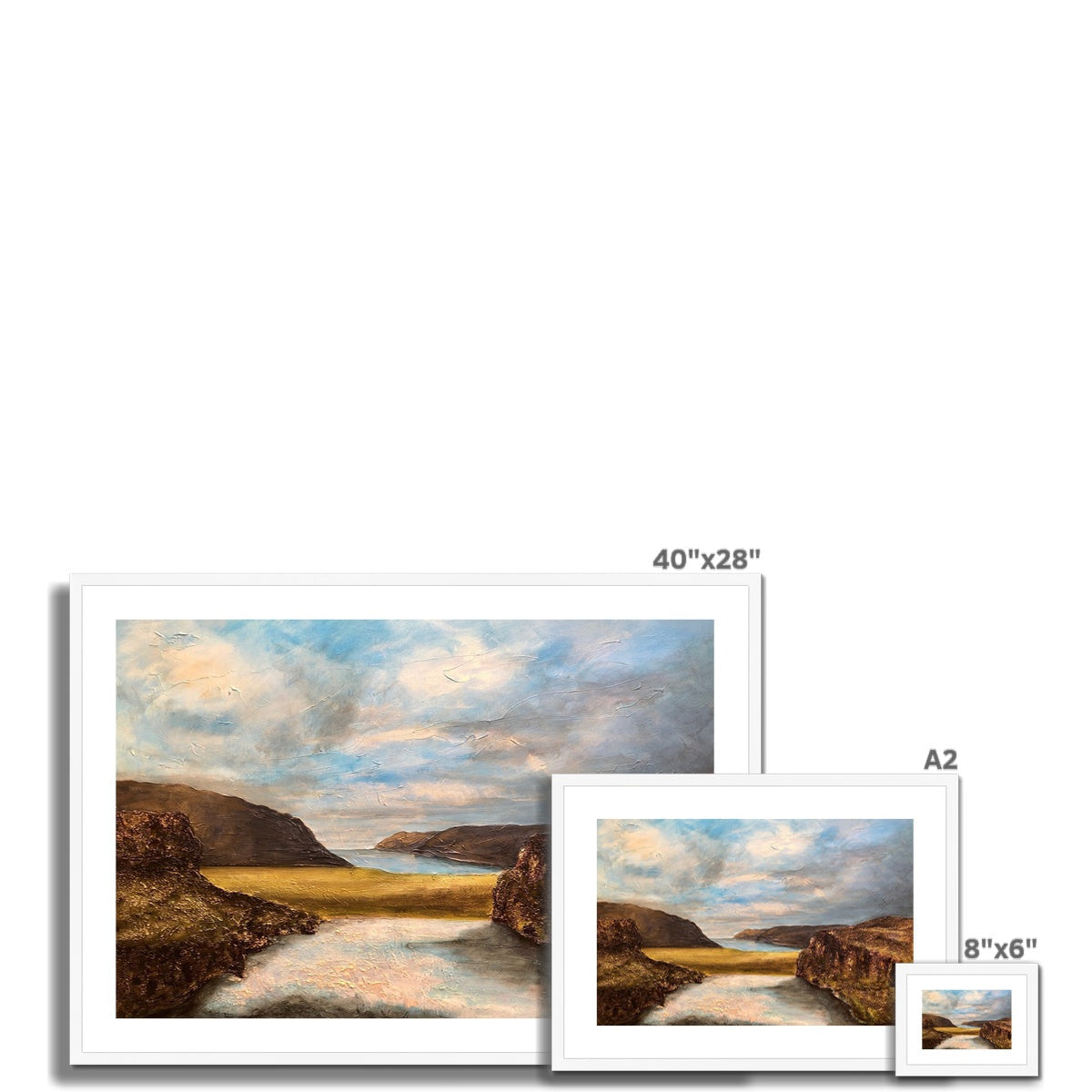 Westfjords Iceland coastal art print in white frame with textured blues and golds