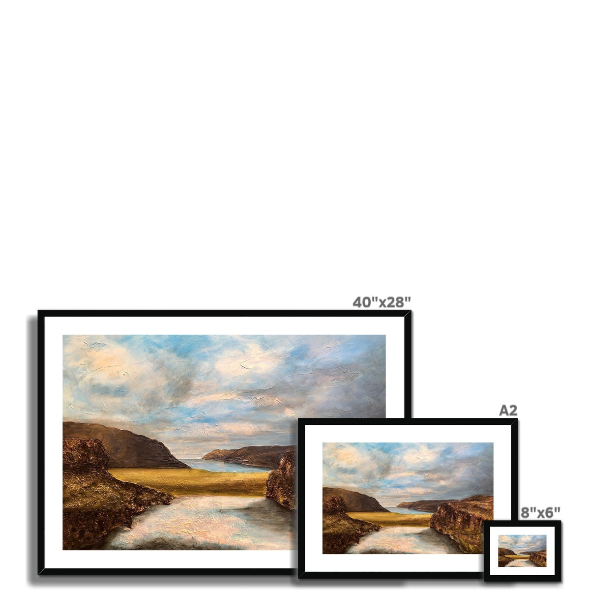 Black-framed Westfjords Iceland coastal art print with hills, water, clouds