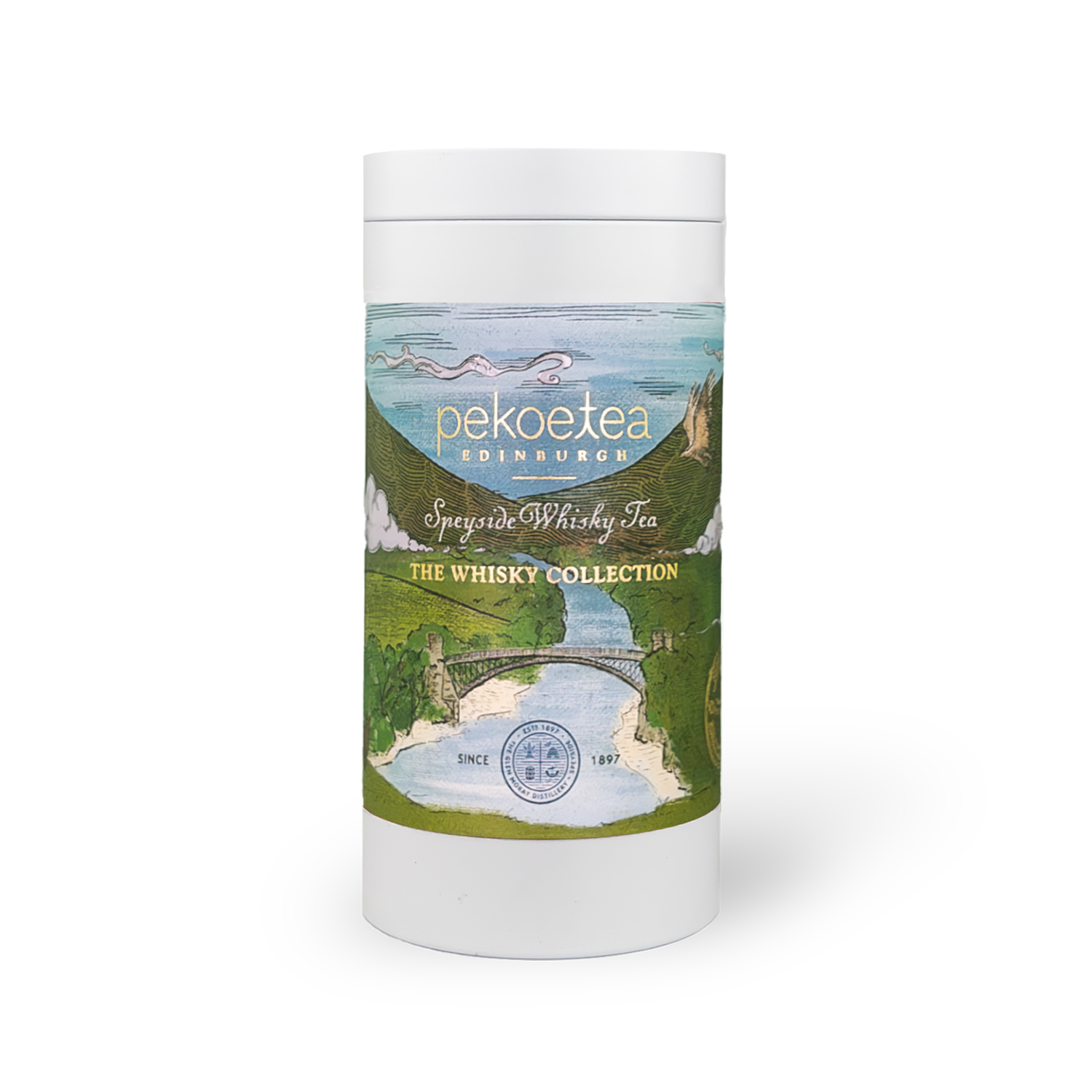 White cylindrical Whisky Tea Speyside Blend pekoe tea container with illustrated label