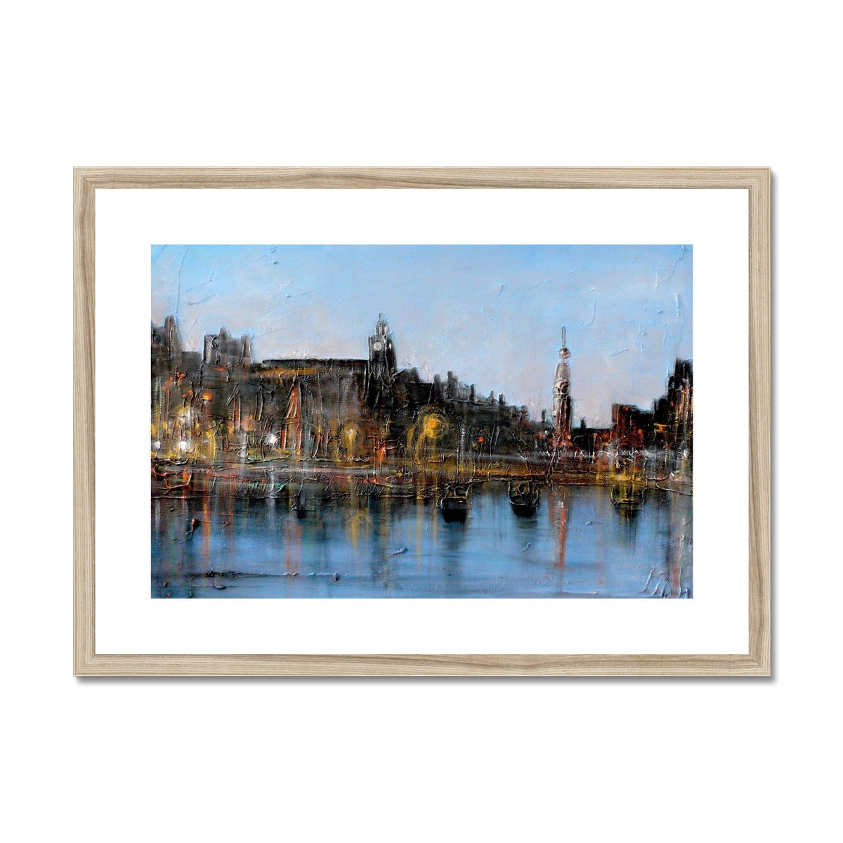 Winter in Amsterdam art print: wooden framed cityscape with water reflections