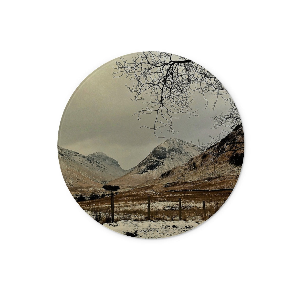 Winter mountain landscape on Glencoe glass chopping board