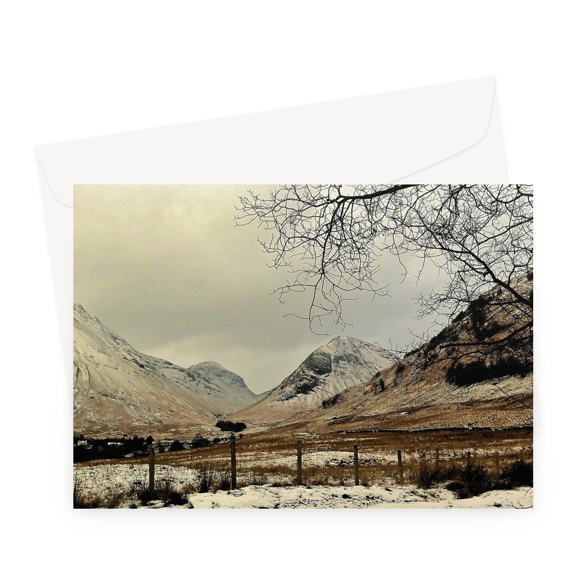 Winter In Glencoe greeting card with snow-covered peaks and bare trees