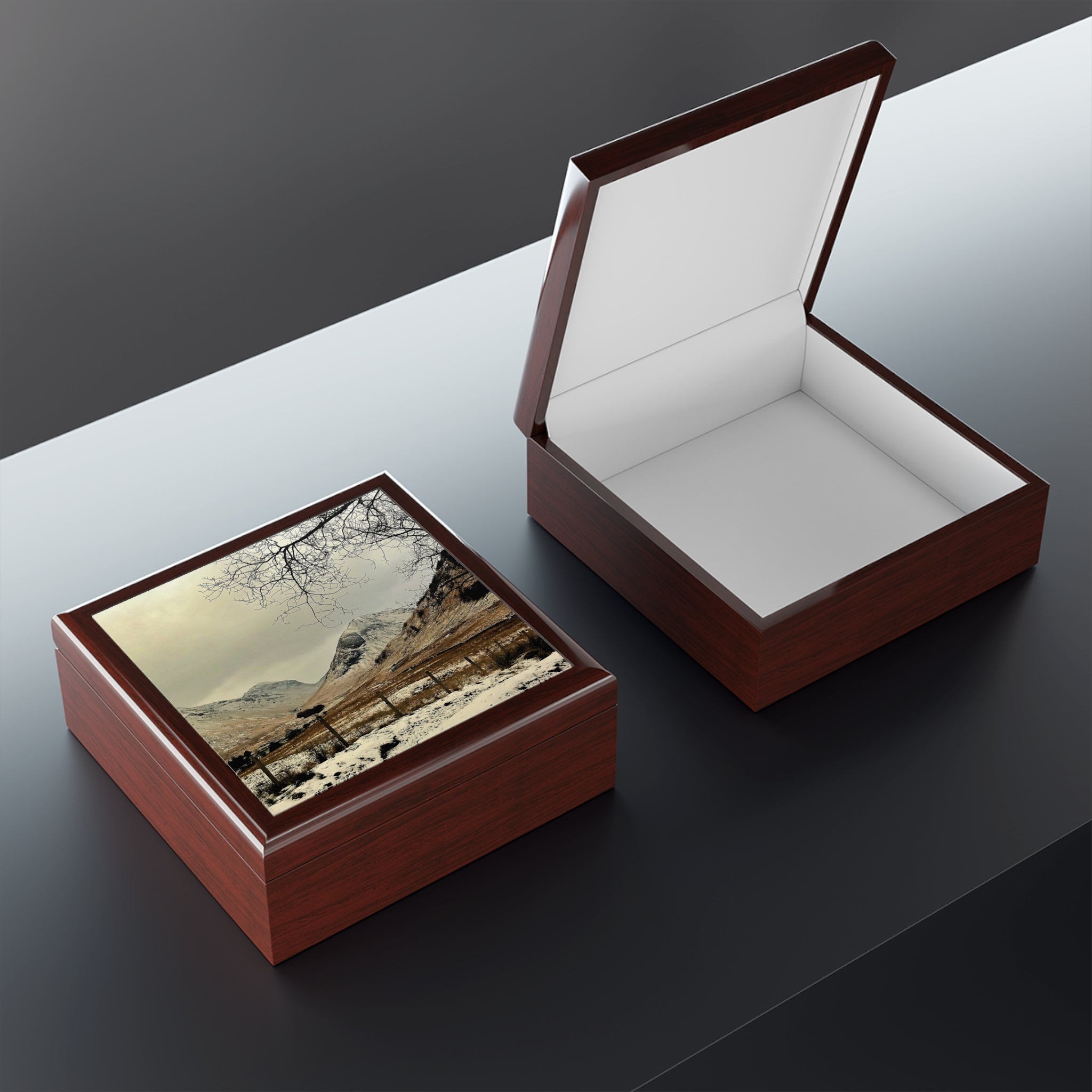 Brown leather Winter In Glencoe jewellery box with white interior