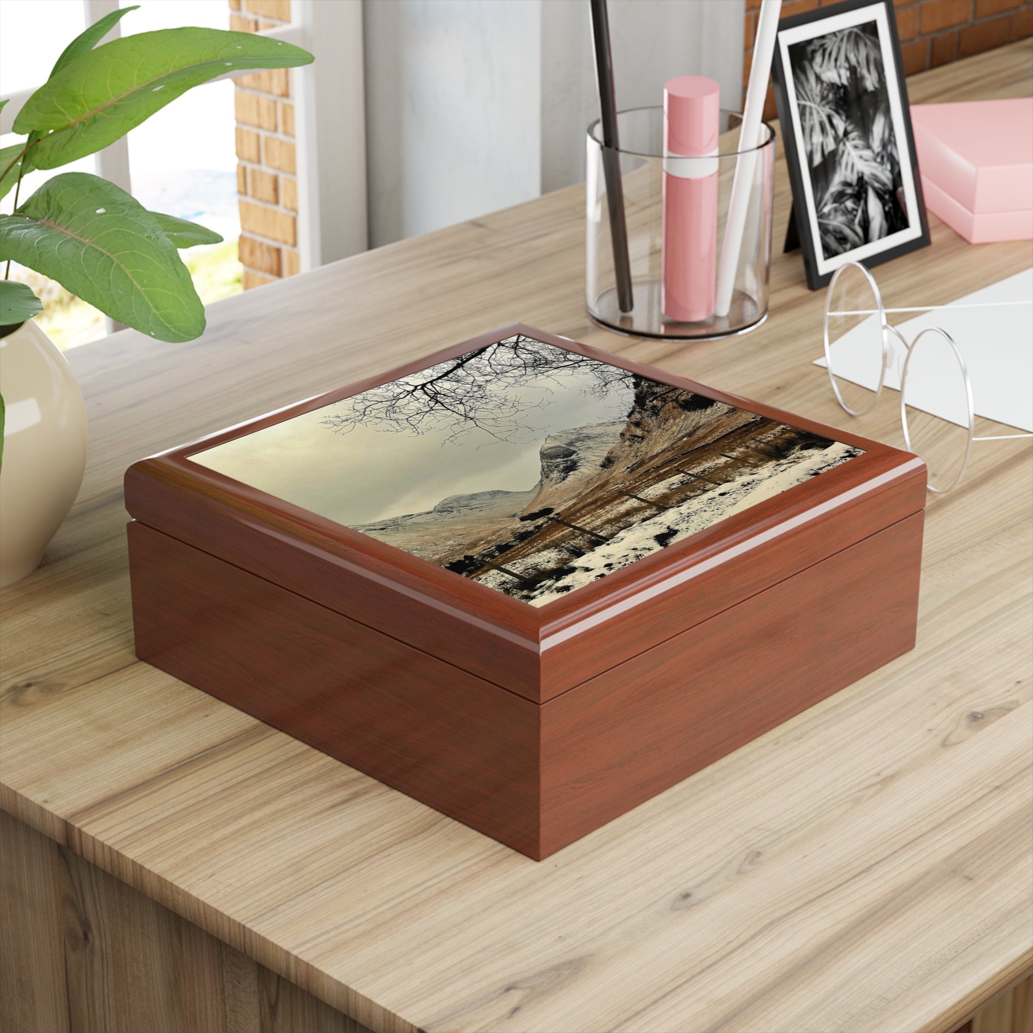 Brown wooden jewelry box with glass lid, Winter In Glencoe Scotland