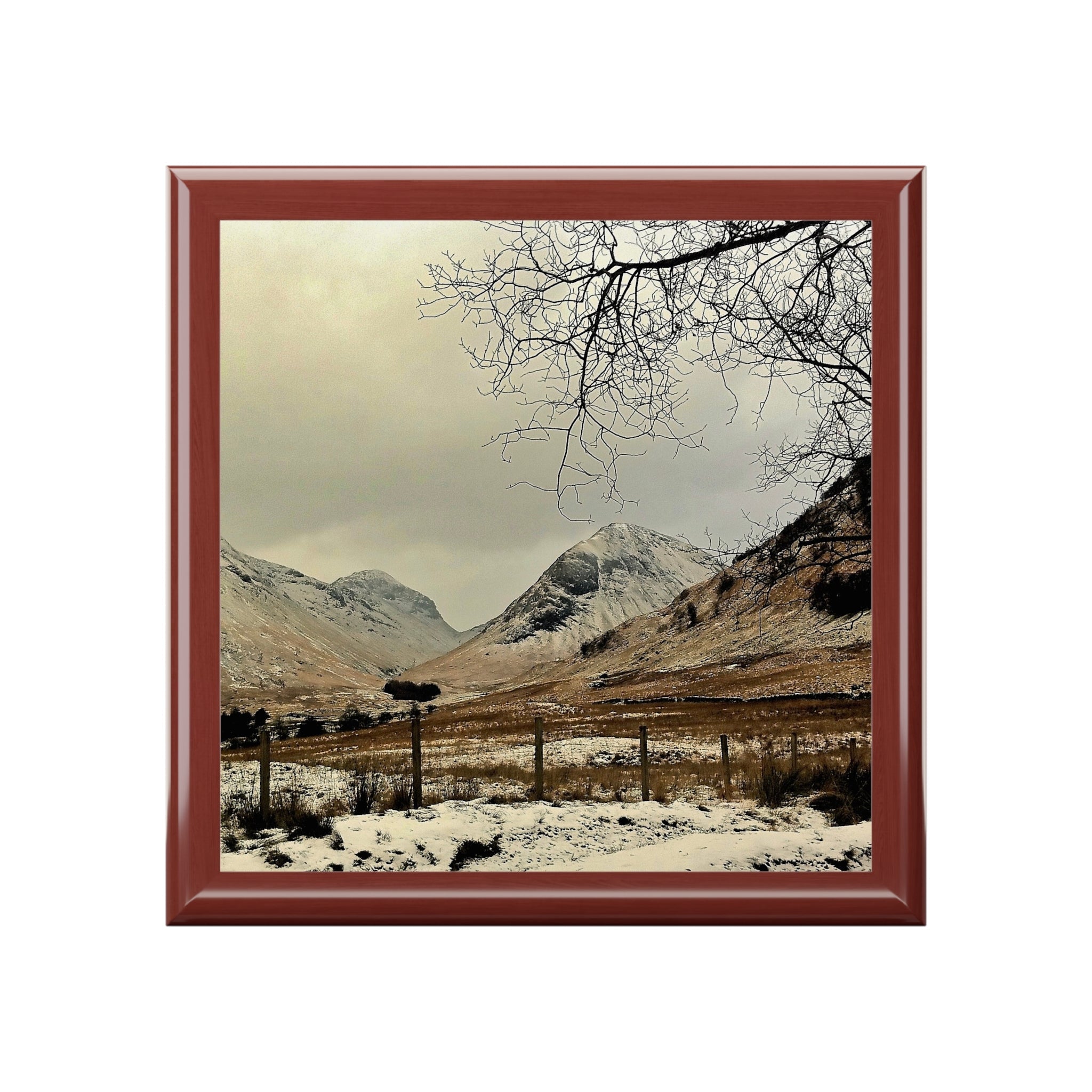 Red wooden framed snowy mountains in Winter In Glencoe jewellery box