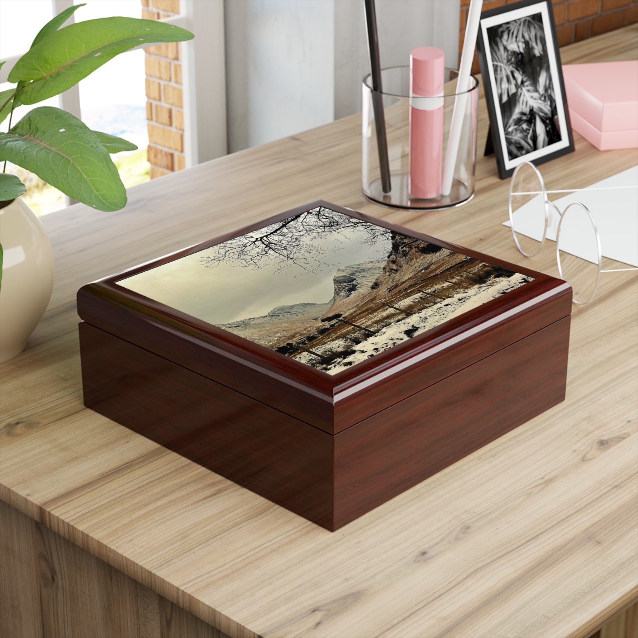 Winter In Glencoe jewelry box with wooden frame, glass top, nature scene