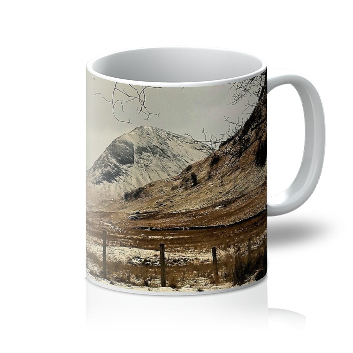 Winter In Glencoe white ceramic mug with mountain landscape design