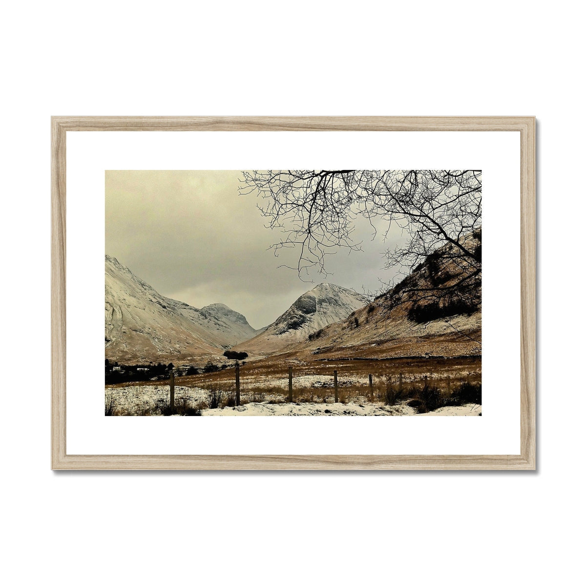 Sepia-toned Winter in Glencoe print with snowy mountains in wooden frame