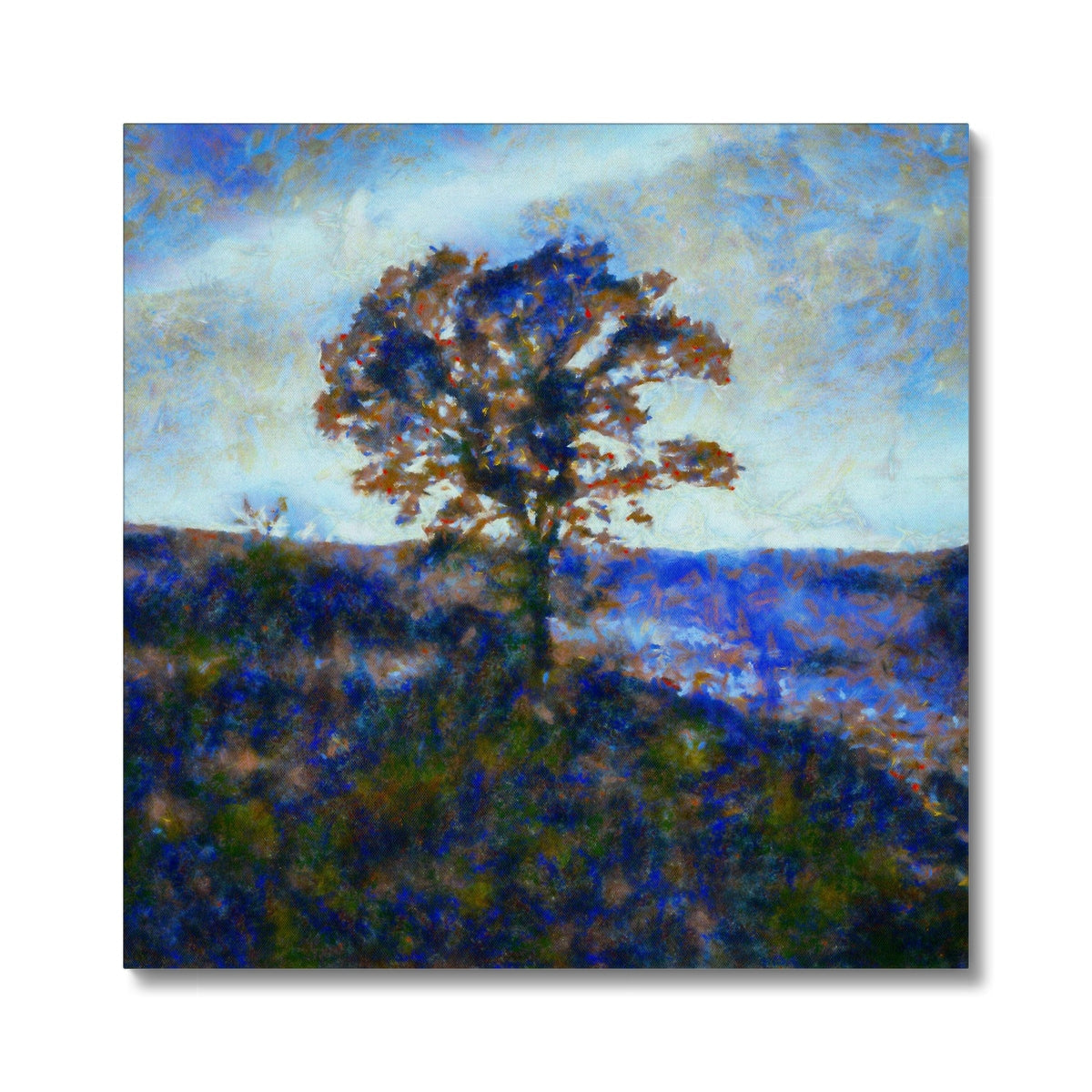 Impressionistic bluebonnet field with lone tree canvas print