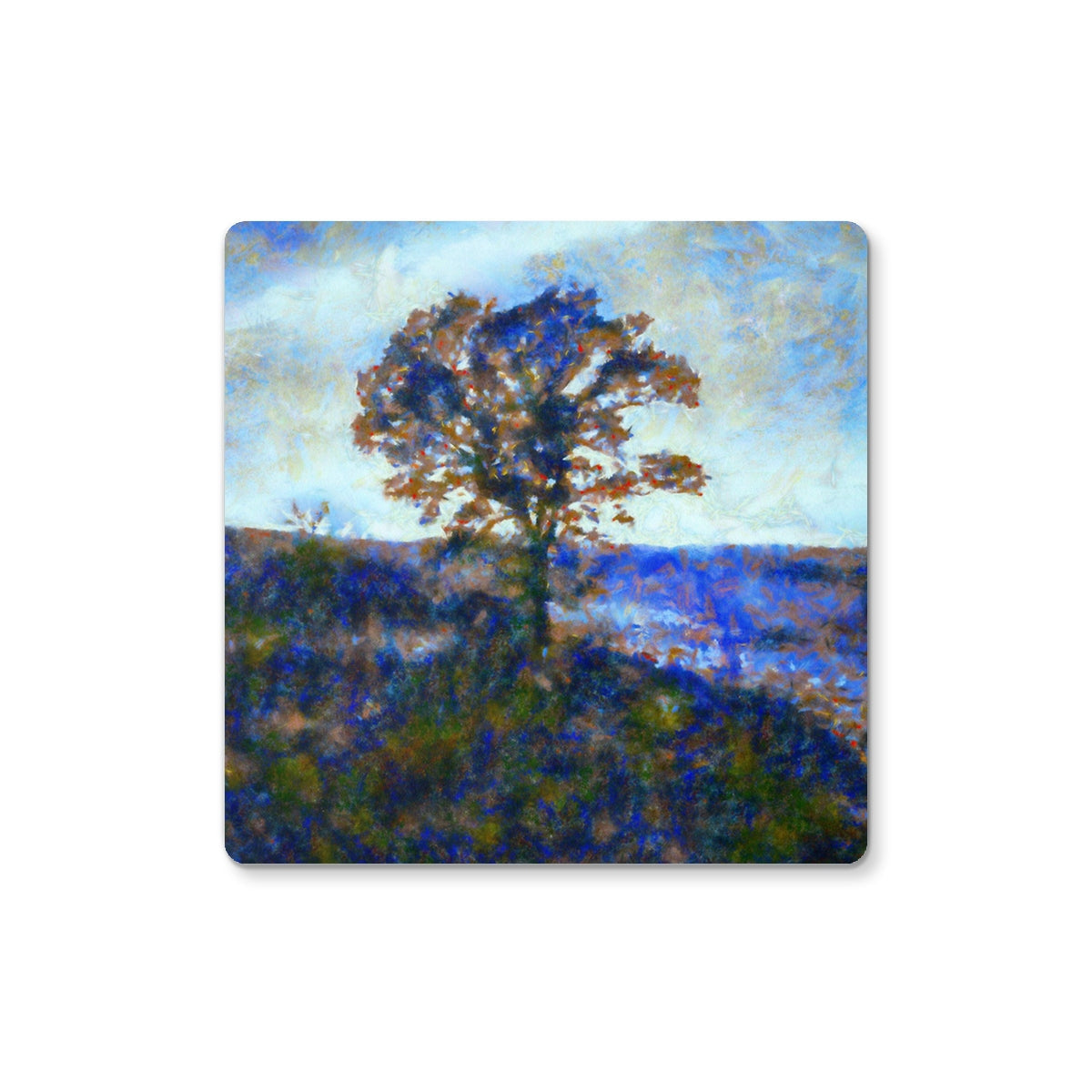 Square bluebonnet coaster with winter highland tree design