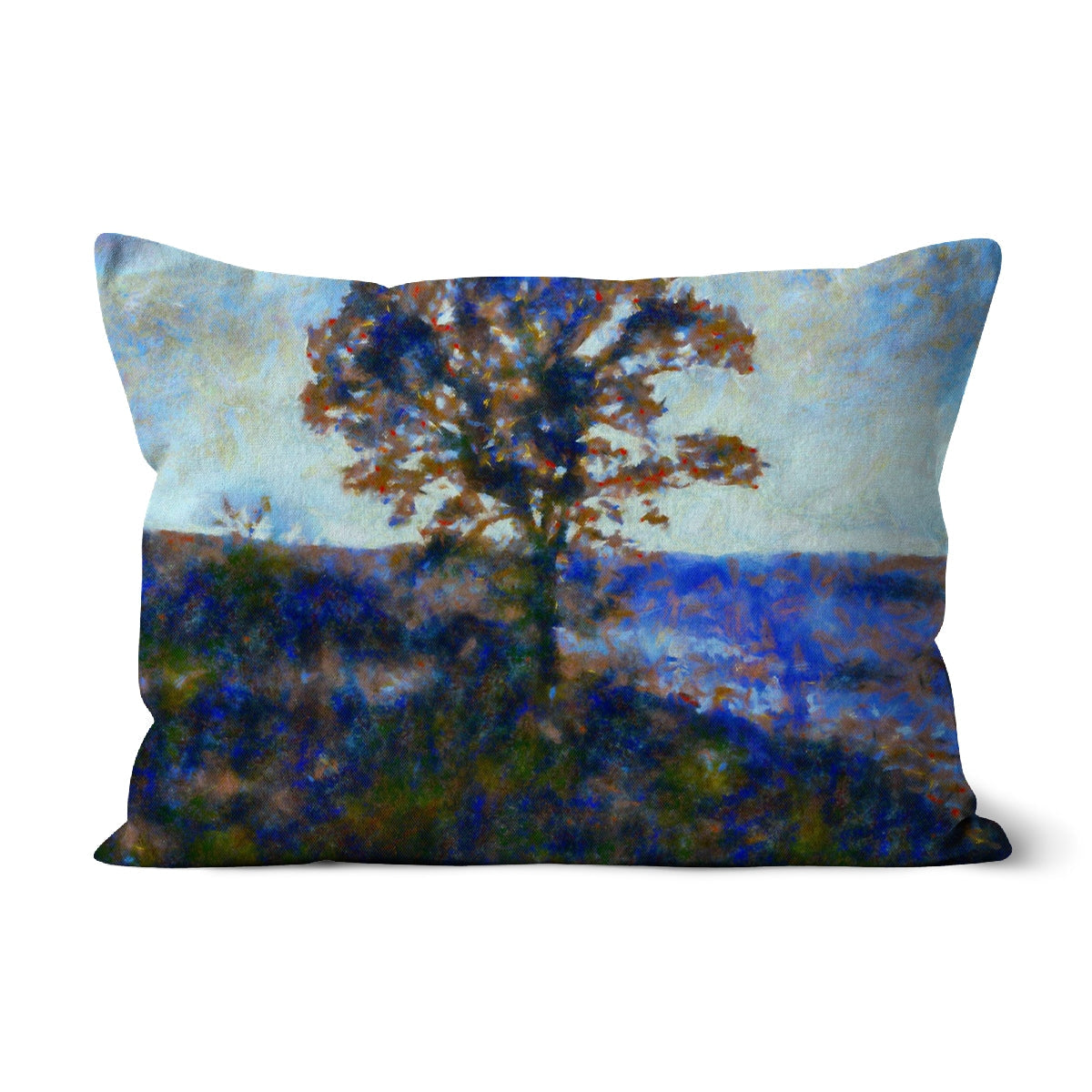 18x24 inch Monet-inspired Winter Highland Tree throw pillow in autumnal blue-orange hues