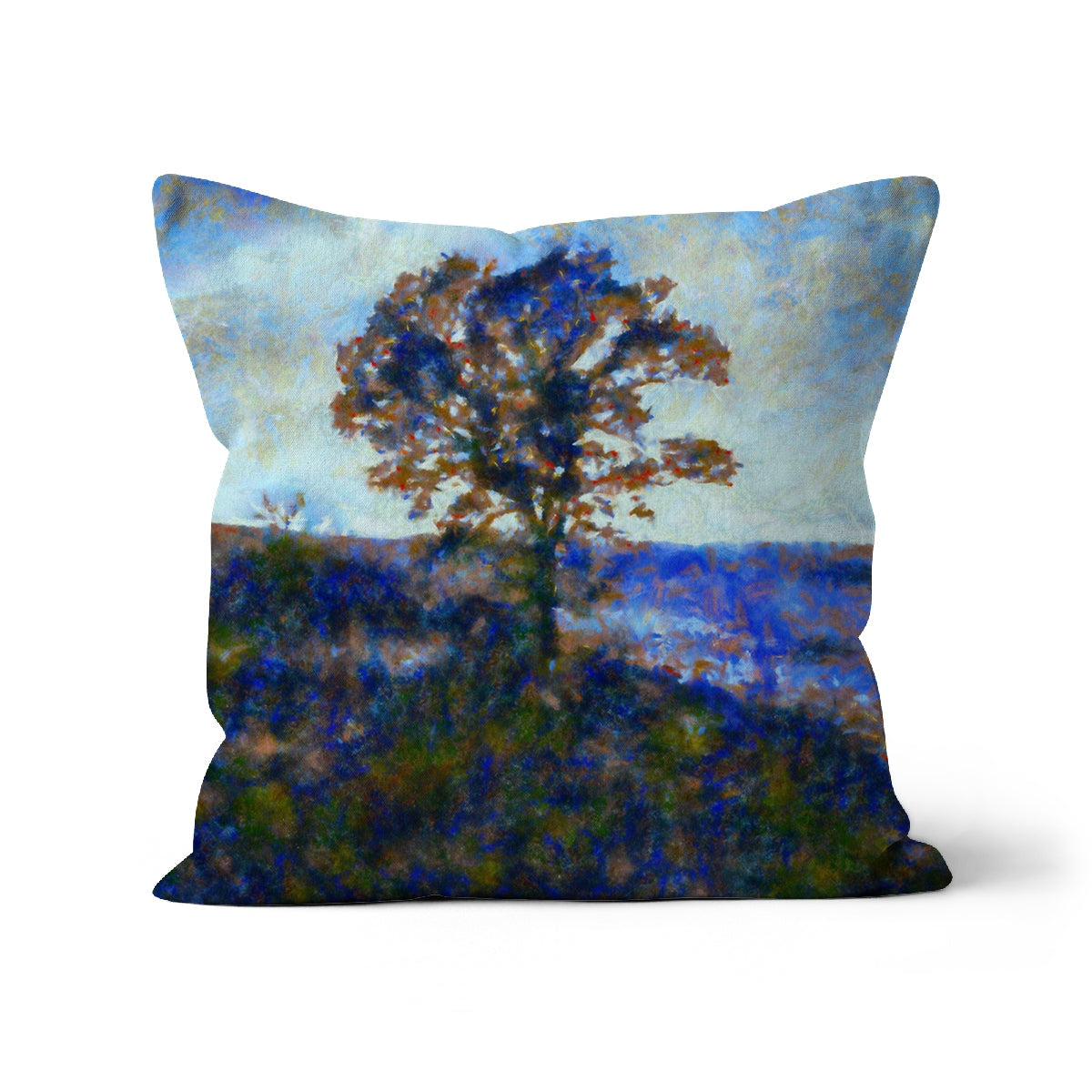Blue floral cotton throw pillow with winter highland tree design