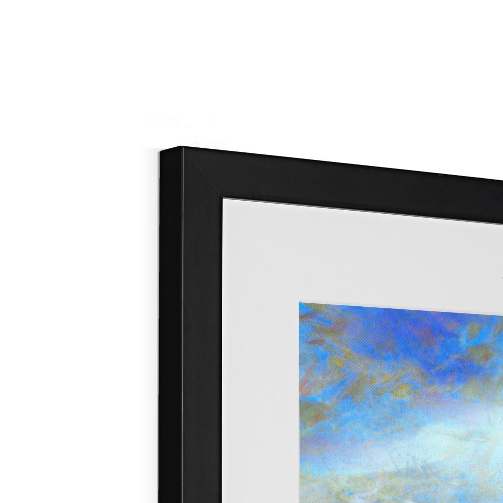 Black framed abstract winter highland tree art print in blue and white hues