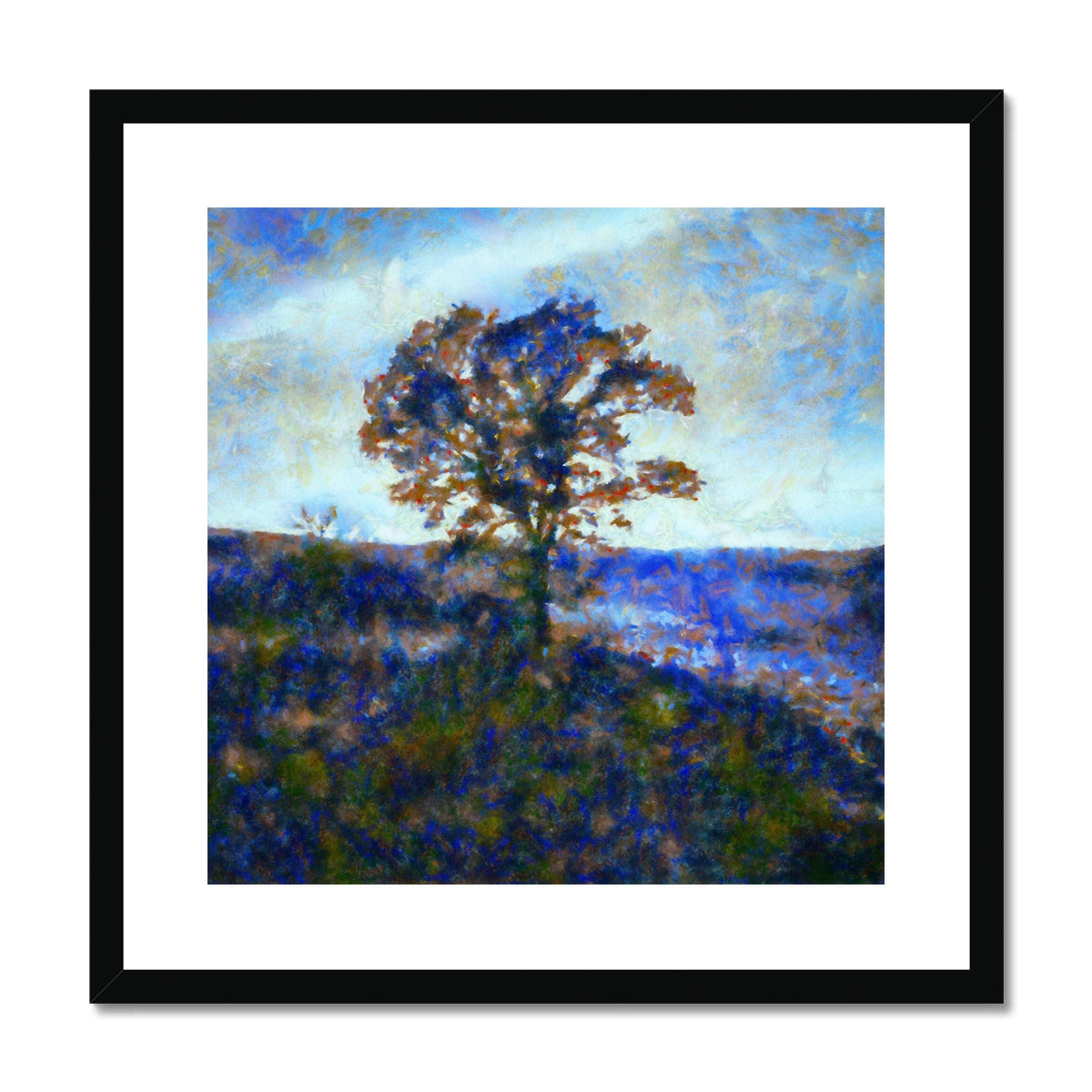 Black framed canvas print of A Winter Highland Tree in blue and green hues