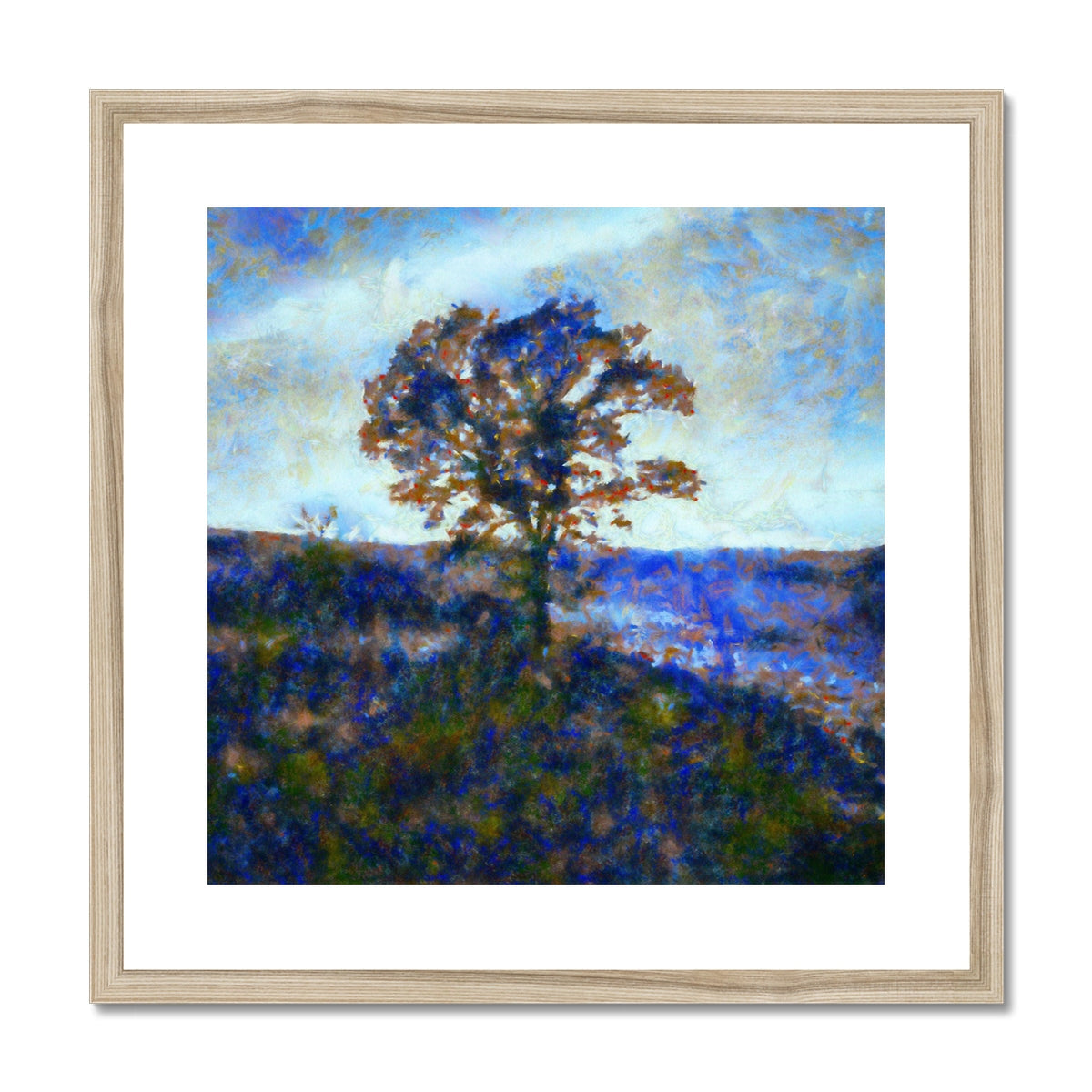 Single oak tree art print in natural wood frame, warm brown tones
