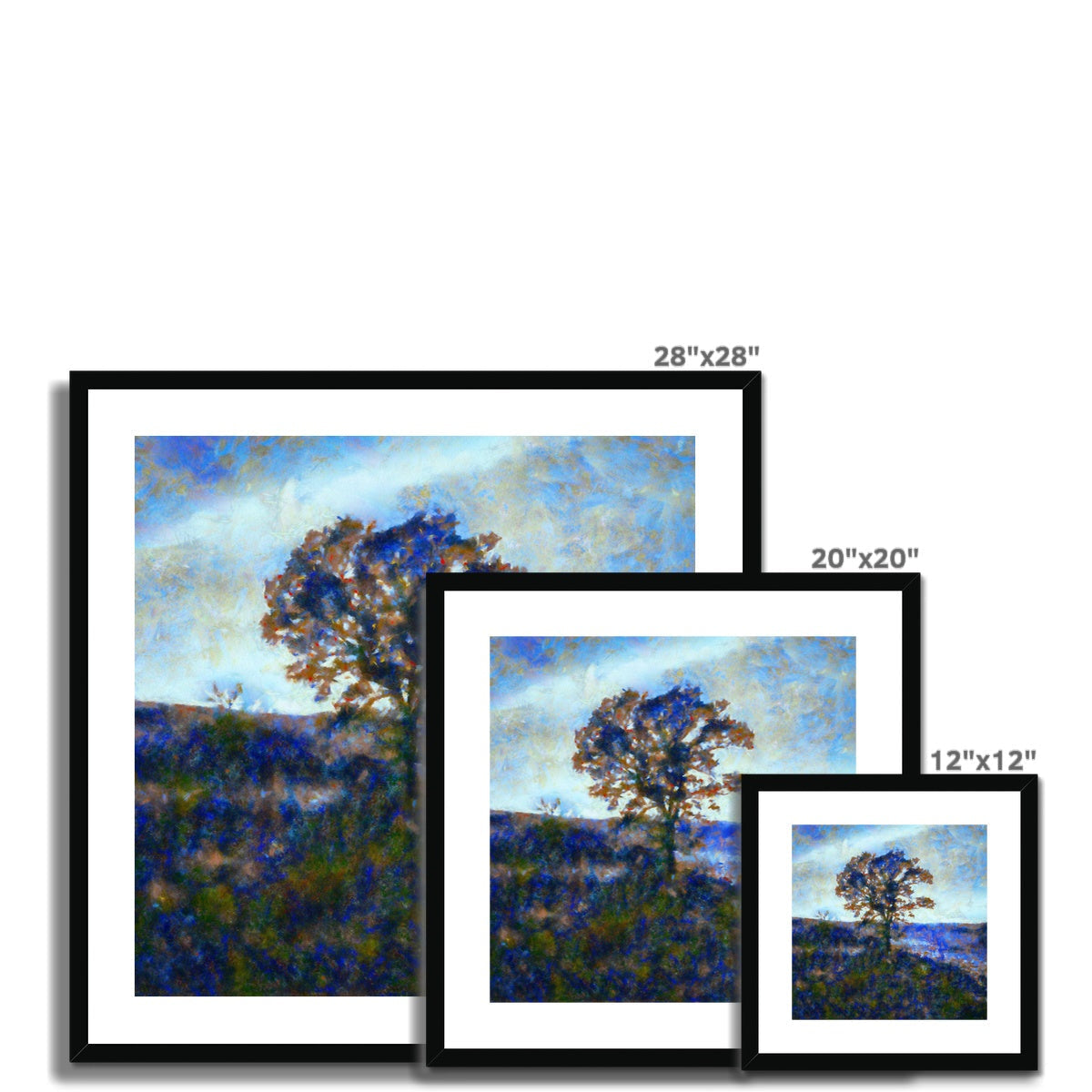 28x28 Framed Winter Highland Tree Art Print in Blue Tones