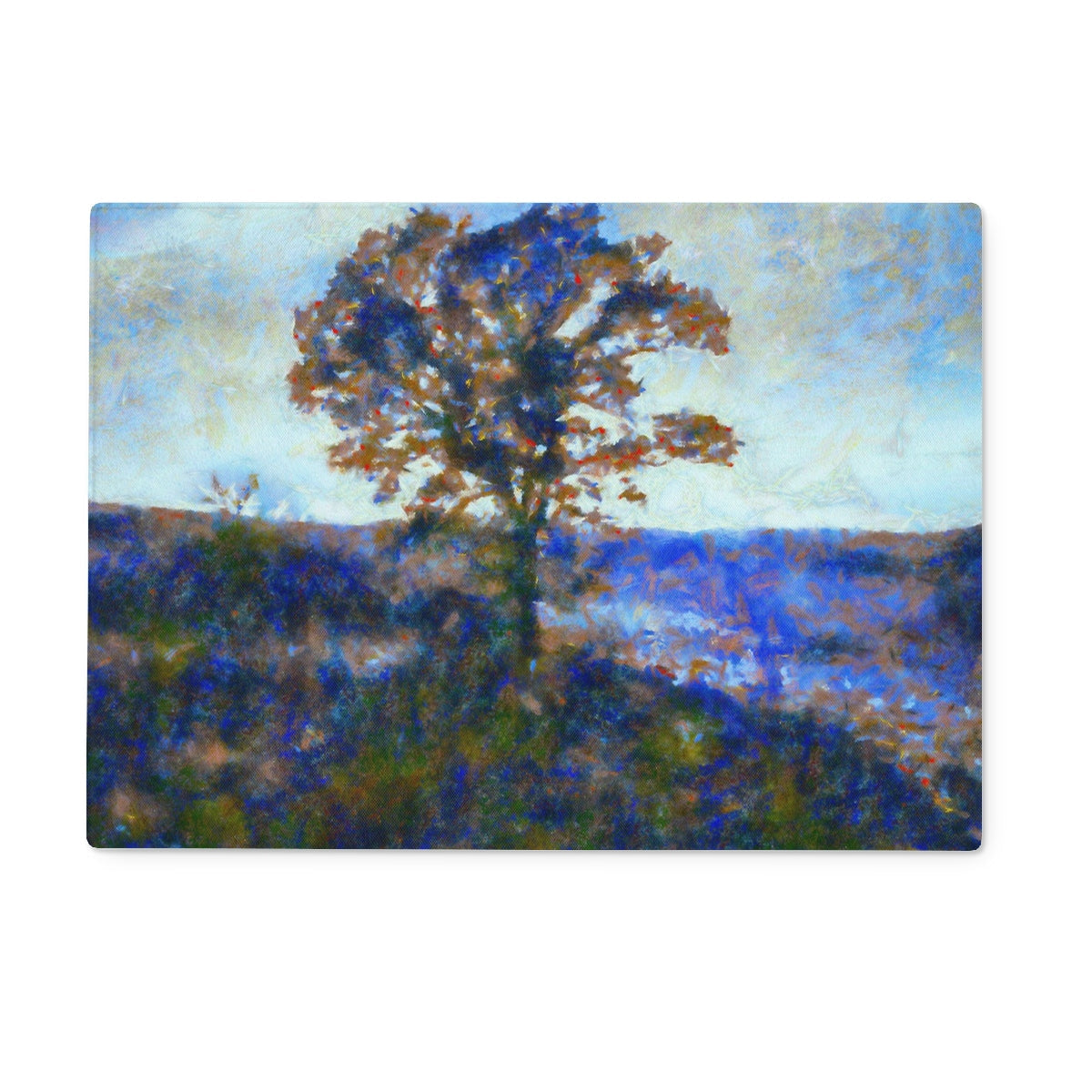 Autumn single tree with red leaves on Winter Highland glass chopping board