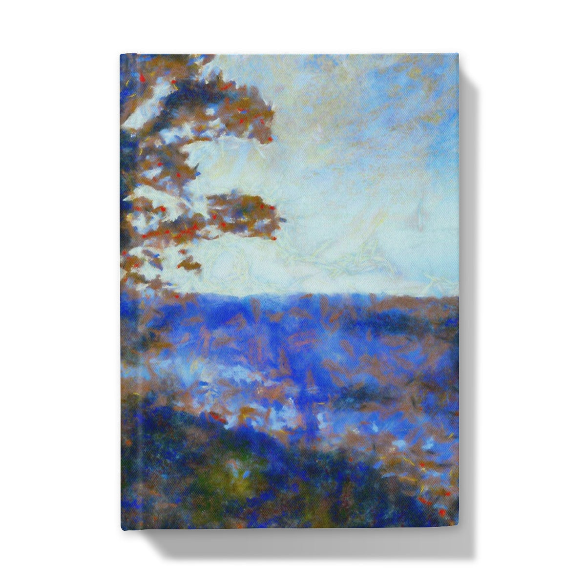 Blue and white abstract canvas art on Winter Highland Tree journal