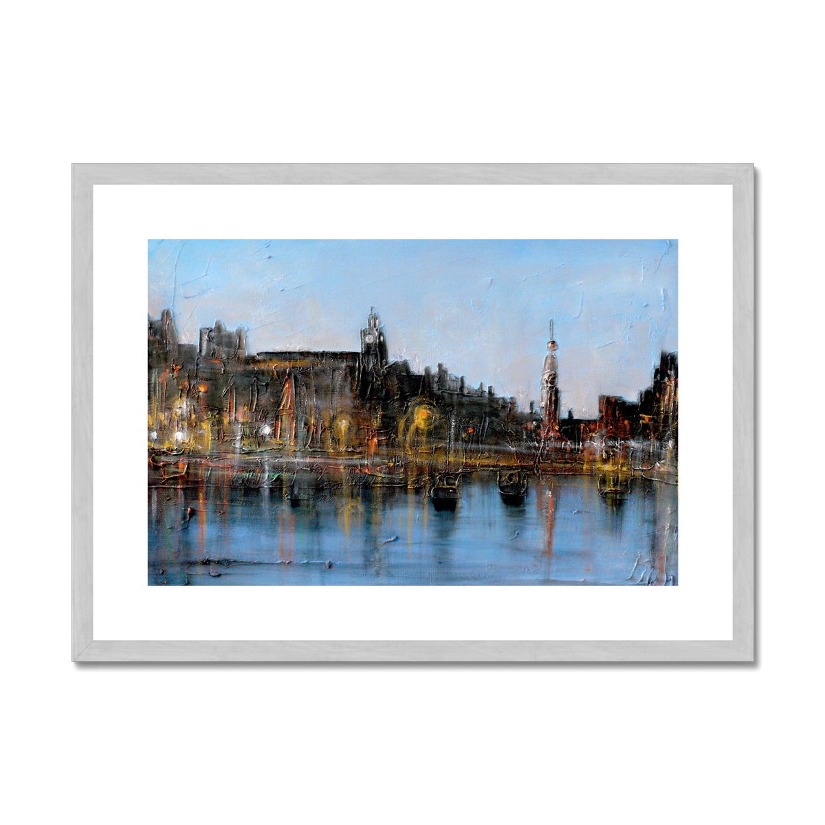 Winter In Amsterdam Painting | Antique Framed & Mounted Prints From Scotland-Antique Framed & Mounted Prints-World Art Gallery-A2 Landscape-Silver Frame-Paintings, Prints, Homeware, Art Gifts From Scotland By Scottish Artist Kevin Hunter