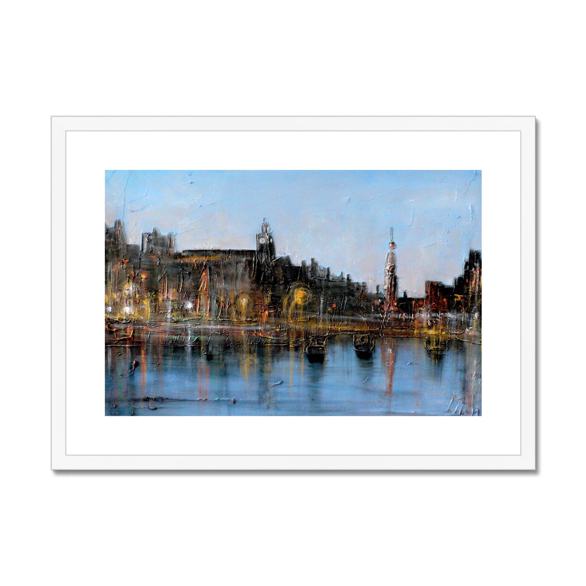 Winter In Amsterdam Painting | Framed & Mounted Prints From Scotland-Framed & Mounted Prints-World Art Gallery-A2 Landscape-White Frame-Paintings, Prints, Homeware, Art Gifts From Scotland By Scottish Artist Kevin Hunter