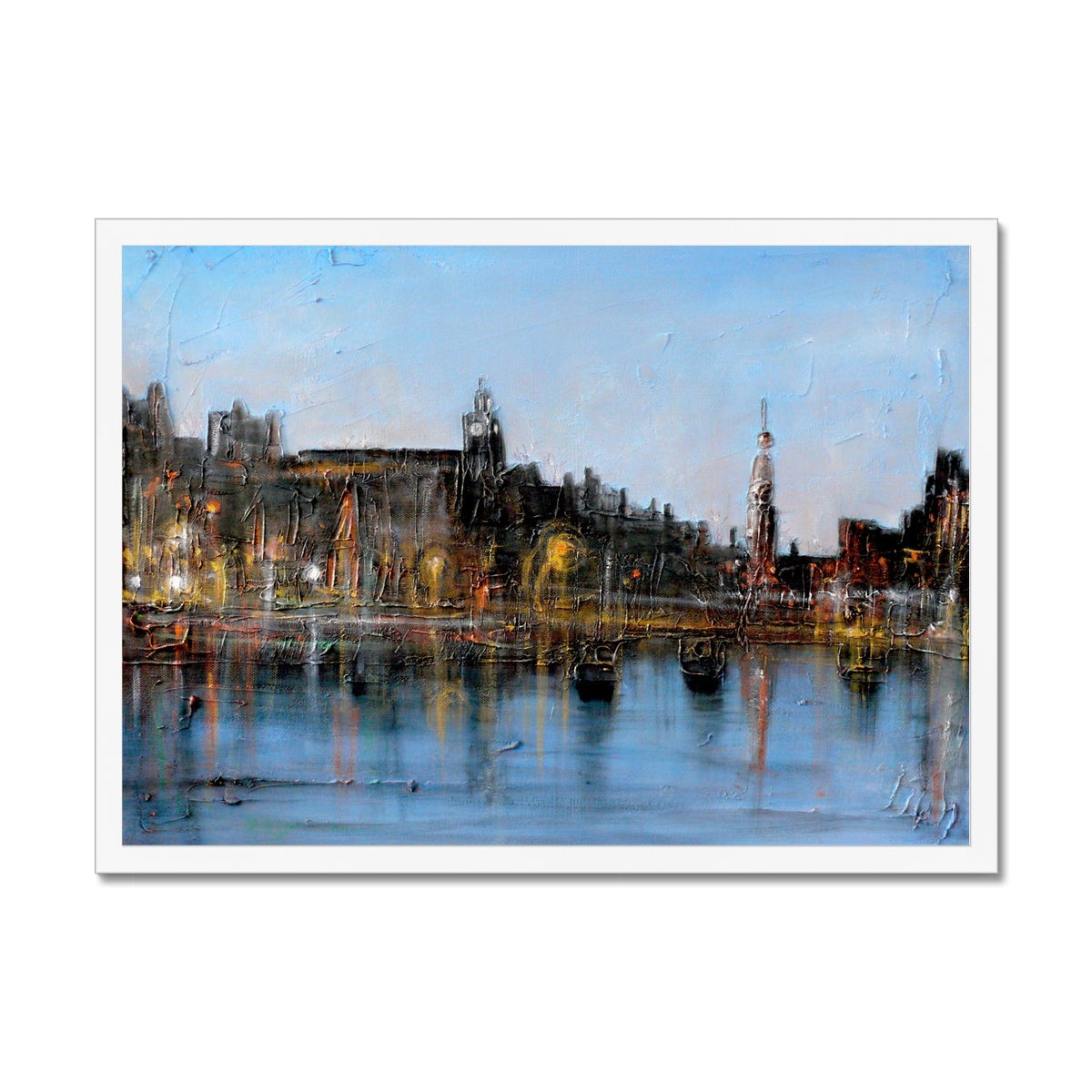 Winter In Amsterdam Painting | Framed Prints From Scotland-Framed Prints-World Art Gallery-A2 Landscape-White Frame-Paintings, Prints, Homeware, Art Gifts From Scotland By Scottish Artist Kevin Hunter