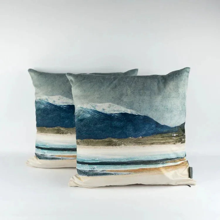 Winter Luskentyre textured mountain landscape cushion by Cath Waters
