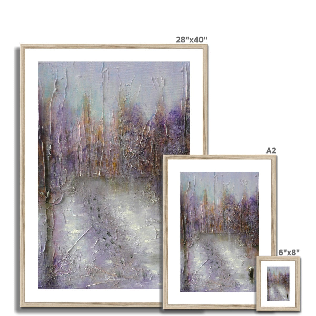 28x40 inch lavender gray abstract Winter Wood Fontainebleau print in gold frame